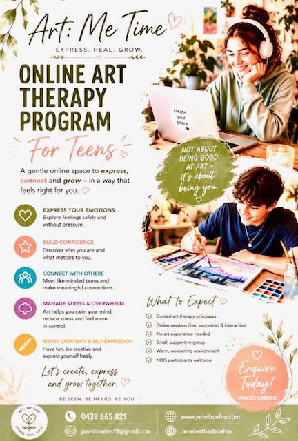 Poster advertising online art therapy program for teens, featuring a young woman with headphones looking at a laptop and a young boy drawing with colored pencils at a desk, decorated with plants and handwritten text promoting expression, connection, 