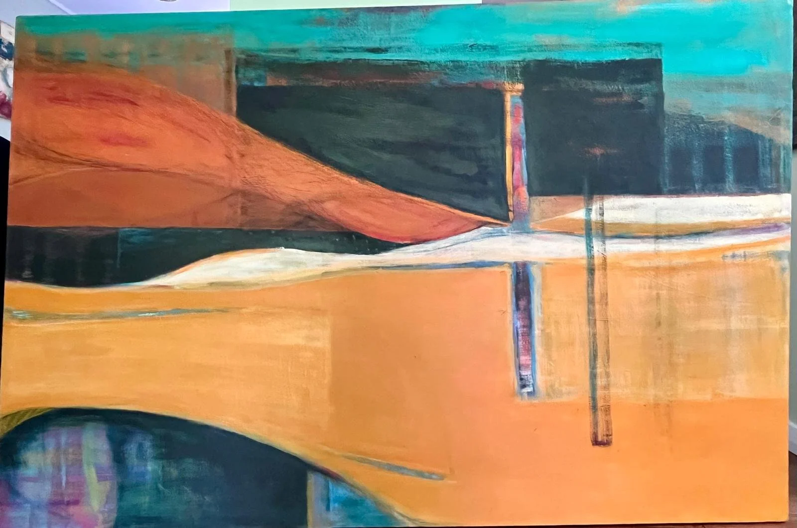 Abstract painting with geometric shapes in shades of orange, teal, black, and white.