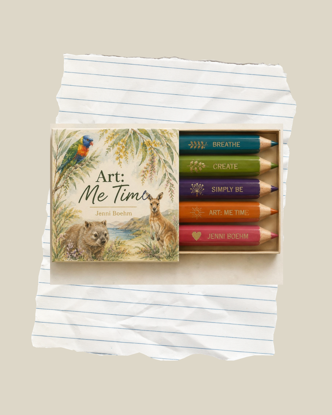 A set of five colorful pens labelled BREATHE, CREATE, SIMPLY BE, ART: ME TIME, and JENNI BOEHM next to a book titled 'Art: Me Time' by Jenni Boehm, featuring illustrations of a parrot, a badger, and a kangaroo, set on a sheet of lined paper.