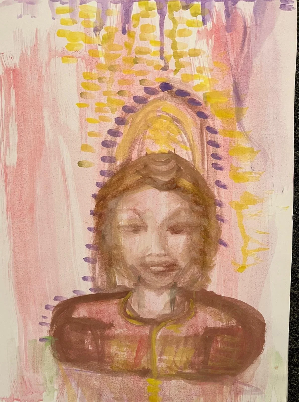 A watercolor painting of a smiling woman with short hair, wearing a red top and a gold necklace, with a colorful abstract background featuring yellow, purple, and pink strokes.