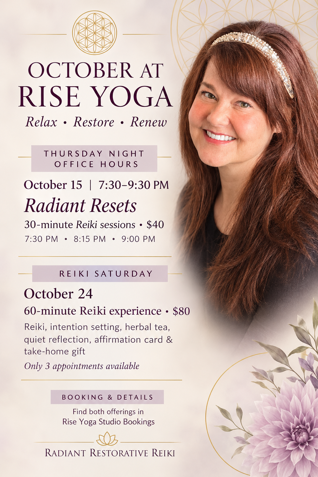 Flyer for Rise Yoga in Grove City, Ohio offering reiki events on Saturday, October 24th for $80/hr and Thursday evening October 15th for 30 min at $40 featuring Jill Griffith, an experienced Reiki Master Teacher .