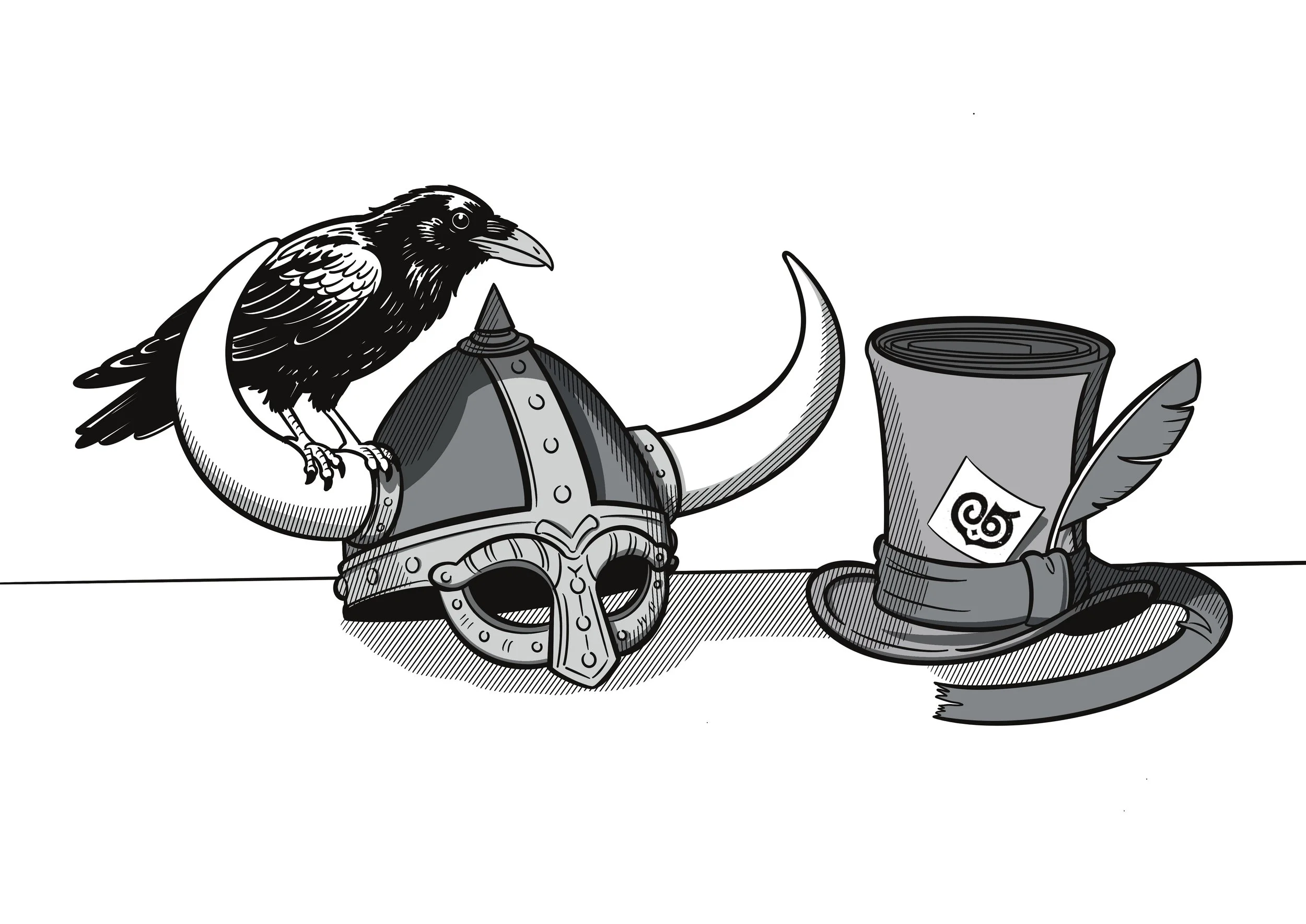 A hat, a helmet and a crow