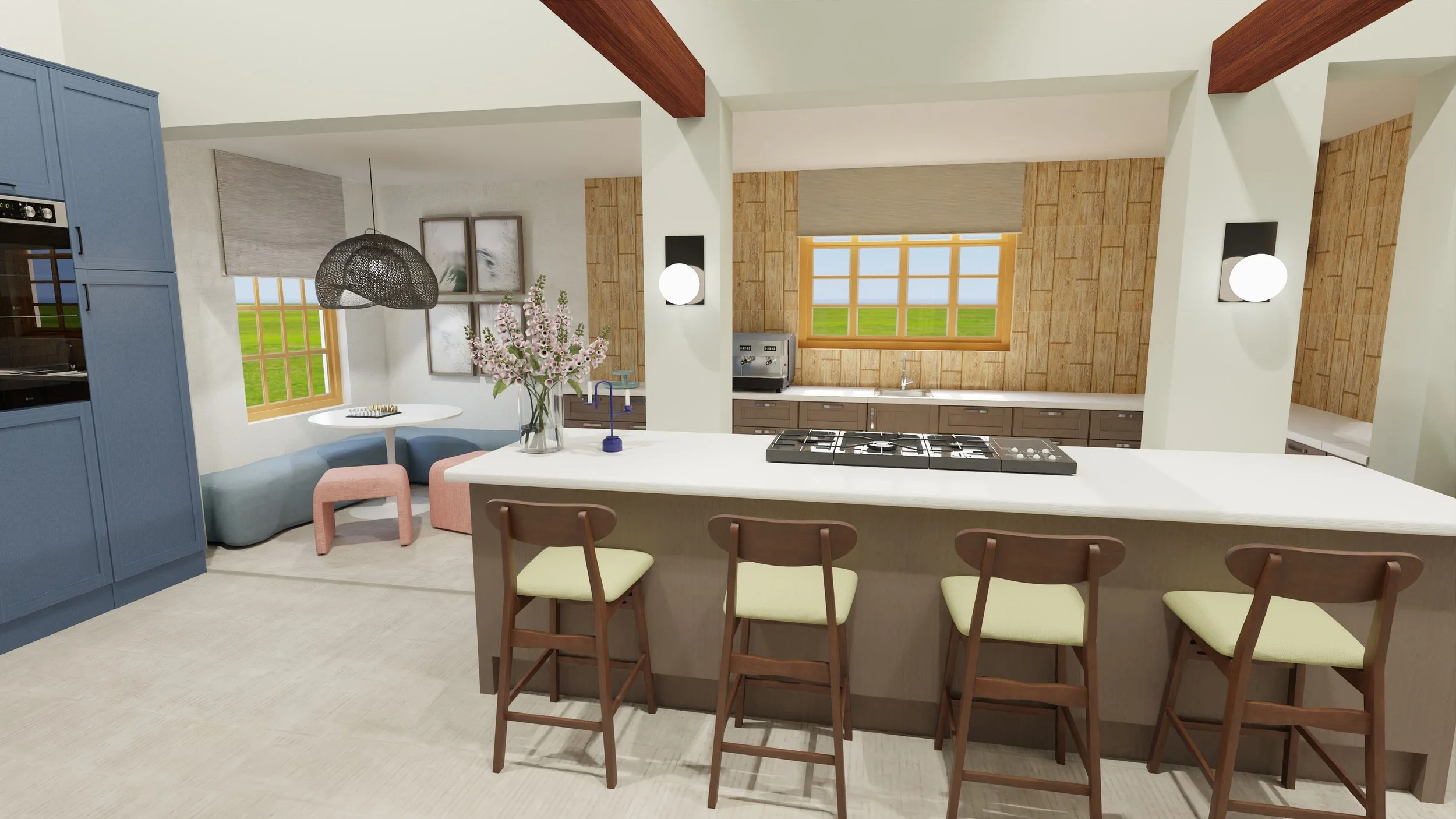 Open-concept kitchen with a white island, beige bar stools, blue cabinetry, wood-paneled walls, large windows, and decorative artwork.