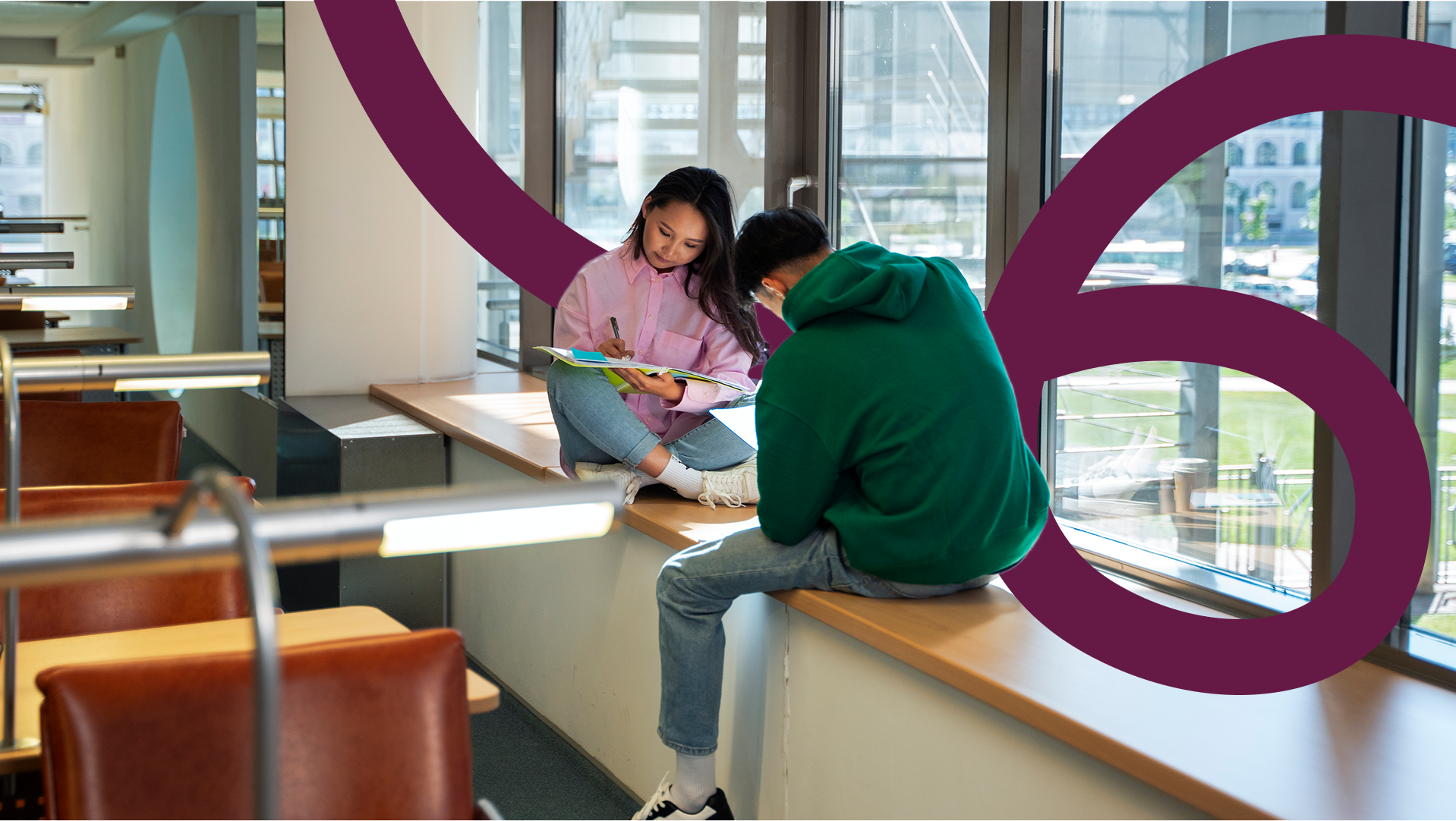 Two young people sitting on a windowsill in a modern indoor space, with one reading a notebook and the other looking at a phone, with large windows showing an outdoor cityscape.