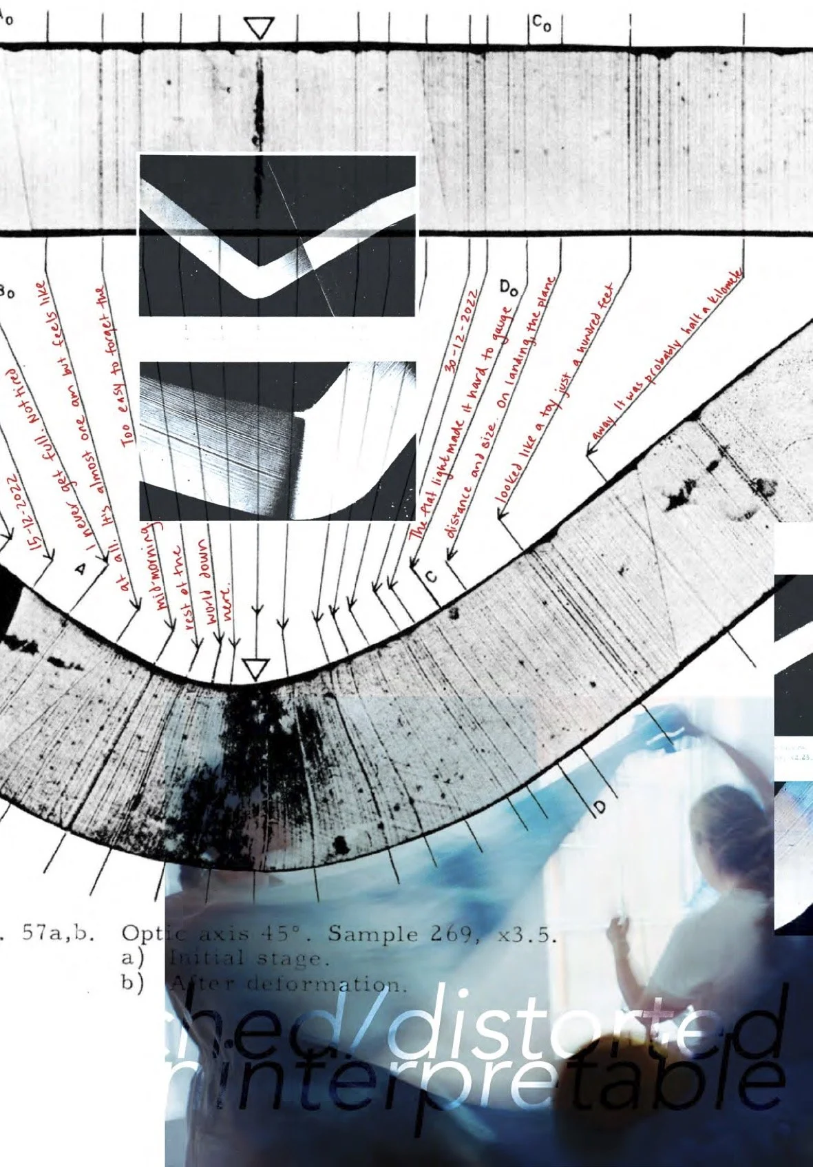 Collaged image with handwritten text, a bending piece of ice from an academic publication, a washed out image in blue and white of a woman holding a piece of fabric, and a crop of an image caption reading 57 a,b Optic axis 45 degrees. Sample 269 x3.5