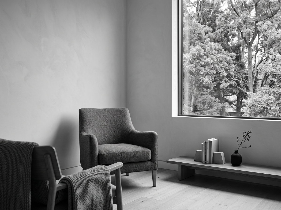 A minimalist living room with a gray armchair, a small wooden bench with books and a black vase with a branch, and a large window showing trees outside.
