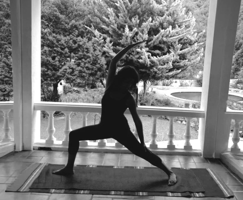 A person practicing yoga on a mat indoors by a large window with a view of trees and a garden.