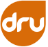 Close-up of the Dru logo on an orange background.