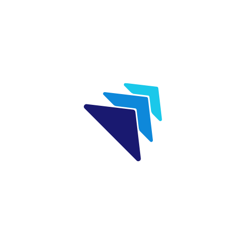 A stylized logo with three overlapping paper airplane shapes in dark blue, medium blue, and light blue.