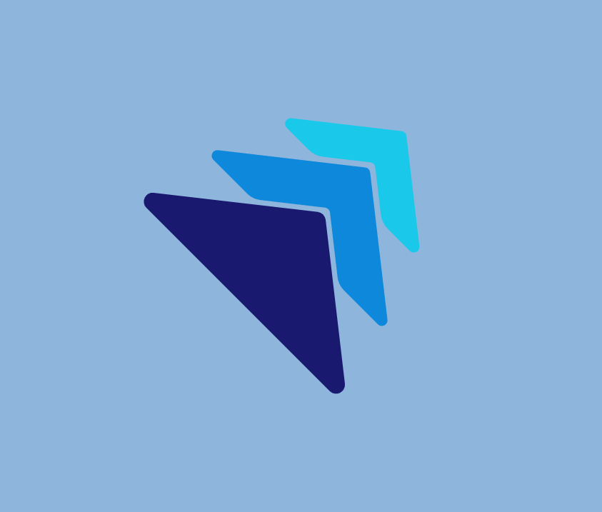 Three overlapping arrow icons in different shades of blue on a light blue background.
