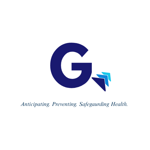 Logo with a large dark blue 'G' and four small blue geometric shapes, with the tagline 'Anticipating. Preventing. Safeguarding Health.' underneath.