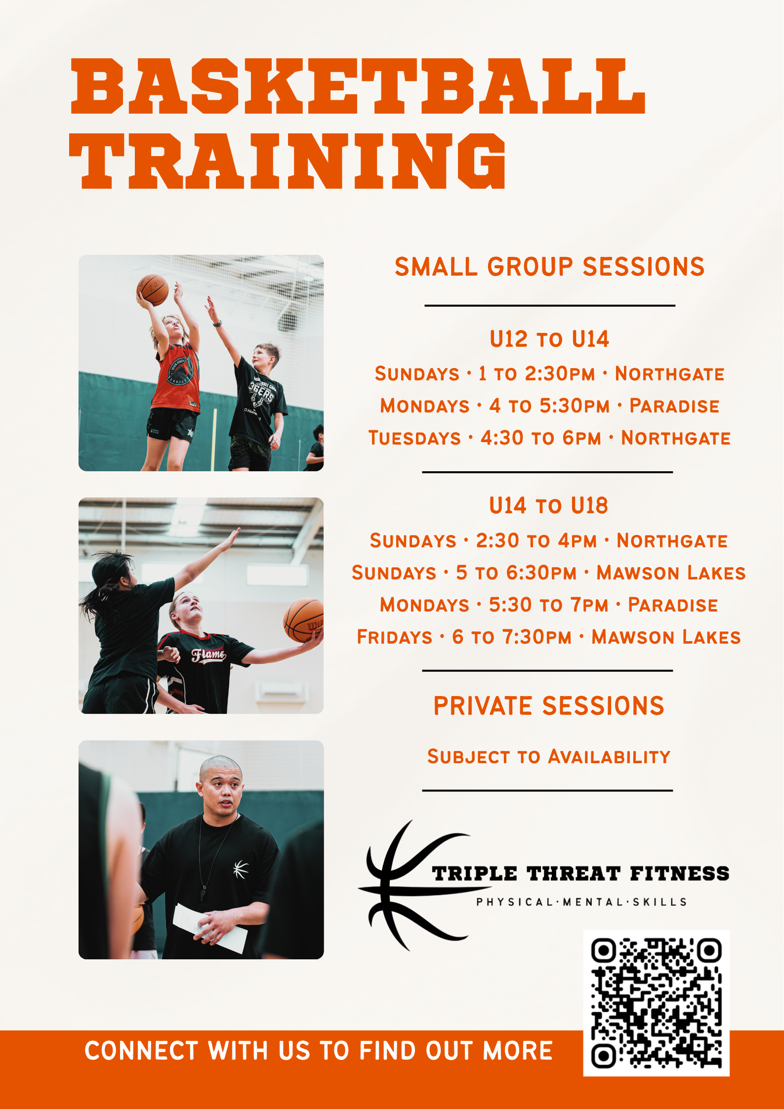 Flyer for basketball training sessions at Triple Threat Fitness, featuring images of kids playing basketball and coaching. Sessions are for ages U12 to U18 and adults, with schedules listed for different locations. QR code and contact info included.