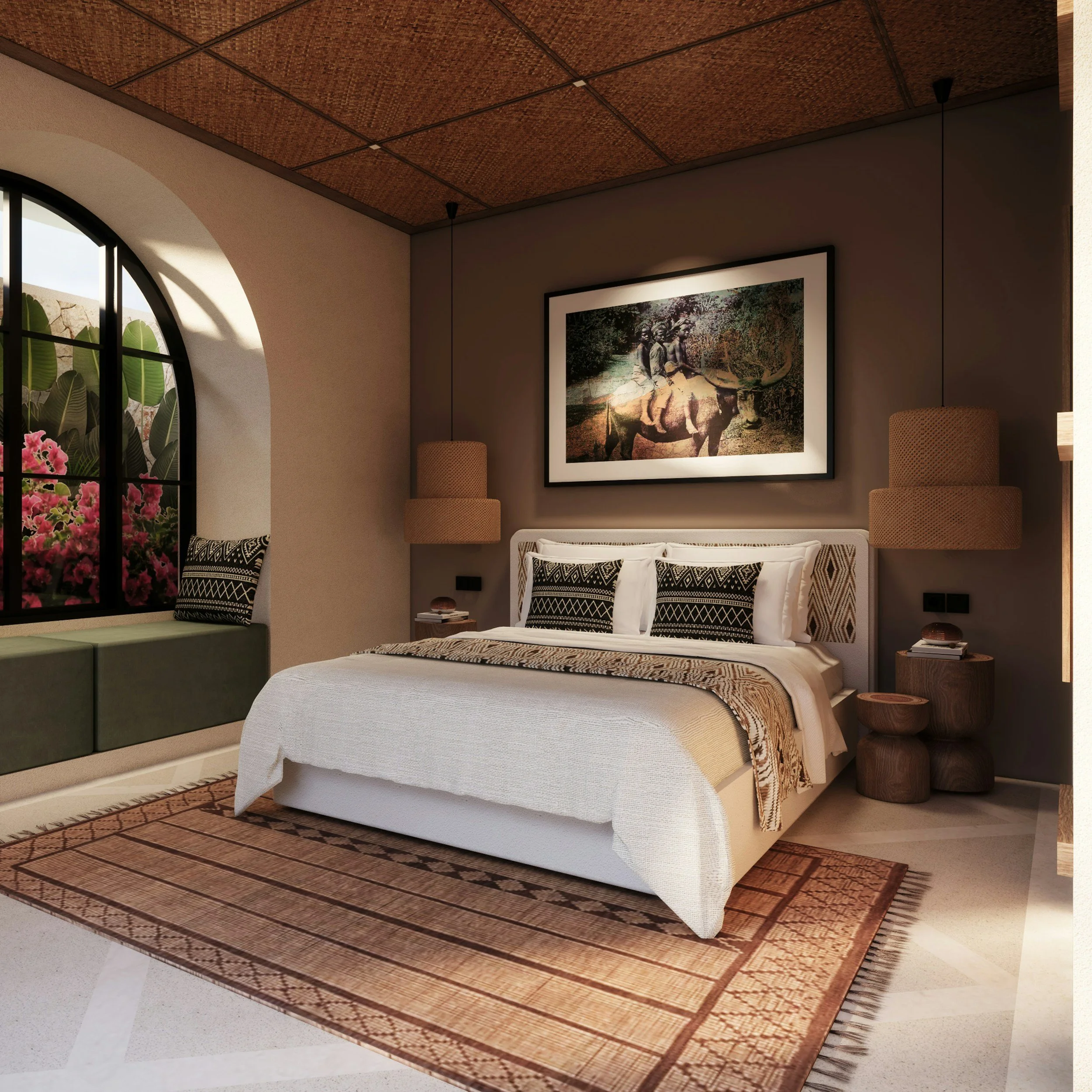Interior view of a bedroom with a large arched window, a rug on the floor, a framed photo on the wall, a bed with white bedding and black patterned pillows, bedside tables with books and decorative items, and hanging bedside lamps.