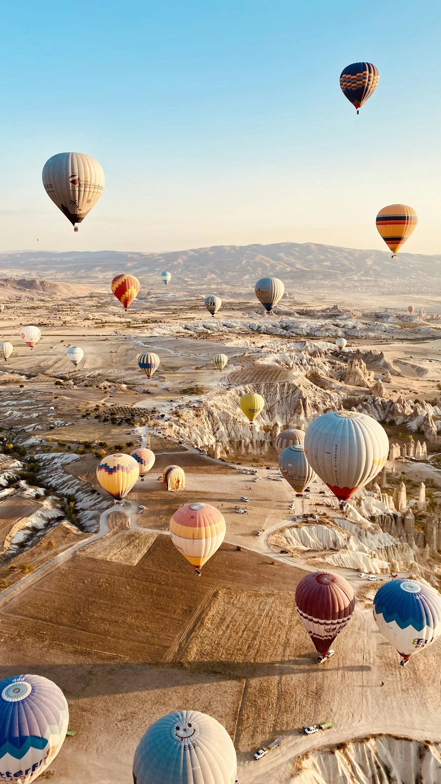 Numerous hot air balloons flying over a rocky desert landscape during sunrise or sunset.