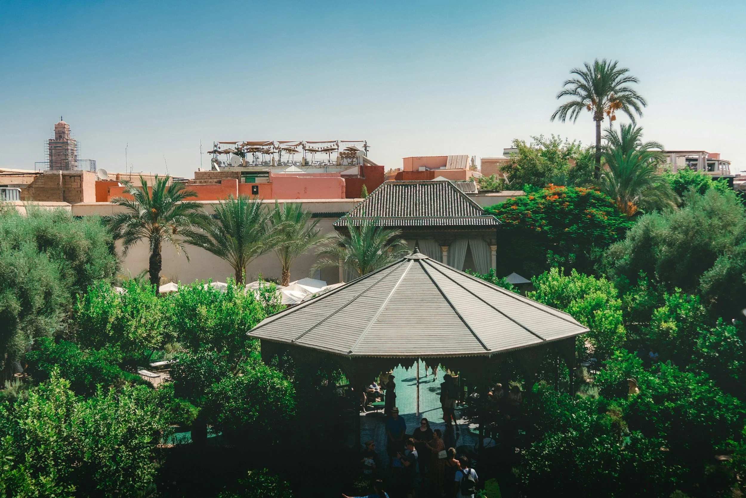 View of a lush green courtyard with palm trees, a circular gazebo, and people walking underneath umbrellas, against a backdrop of colorful buildings and a clear blue sky.