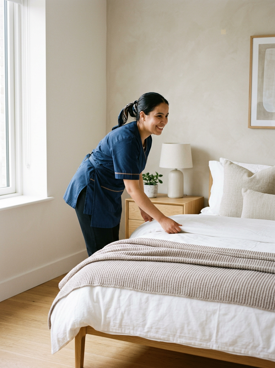 A woman in a navy blue uniform making a bed with white linens and beige pillows, standing next to a wooden nightstand with a lamp and a potted plant, in a bright room with a window and framed artwork on the wall.