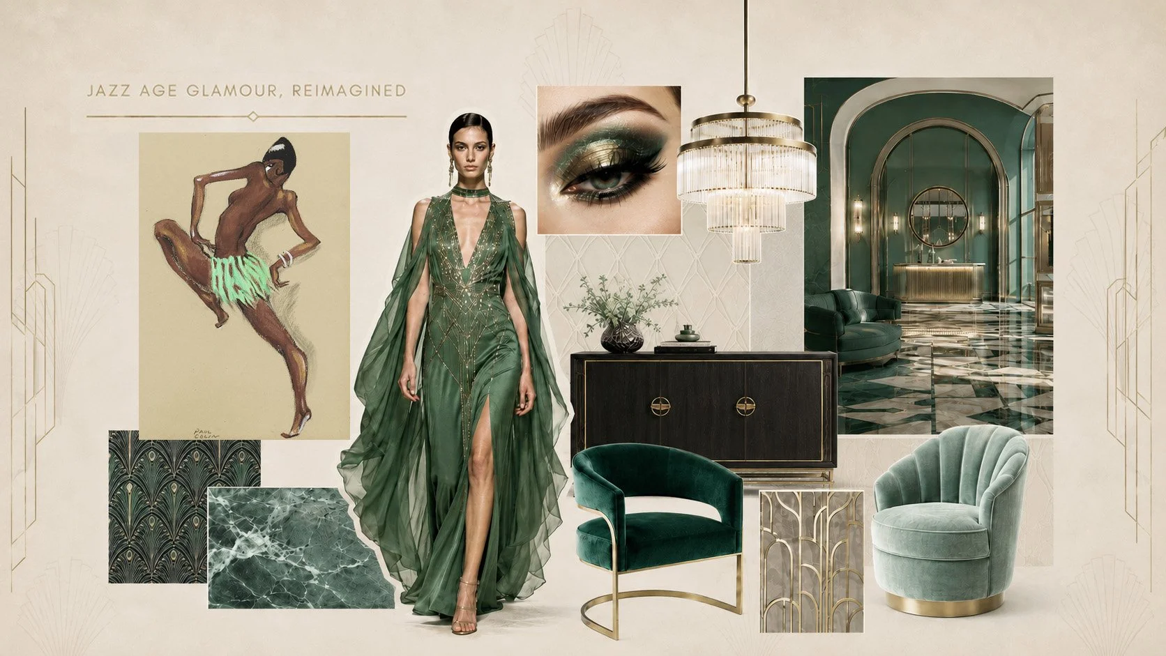 Collage of elegant interior design elements with fashion and art accents, featuring a model in a green gown, a painting of a dancer, a close-up eye makeup, luxurious chairs, a chandelier, green marble surfaces, and a textured wallpaper background.