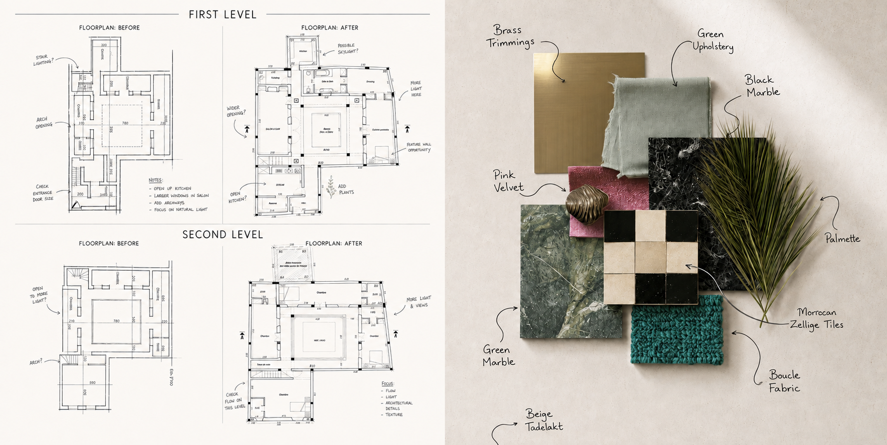 Design plans for the first and second floors of a house showing before and after layouts, along with a color and material sample board including brass trimmings, green upholstery, black marble, pink velvet, palmette, Moroccan zellige tiles, boucle fabric, beige tadelakt, and various marble and wood textures.