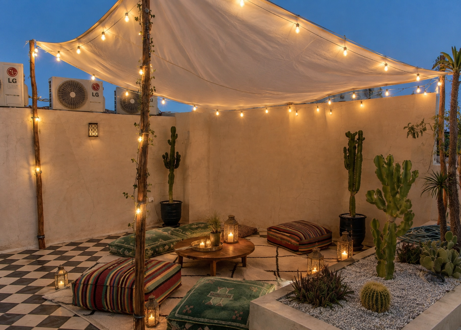 A cozy outdoor patio decorated with string lights, placed on a checkered tile and surrounded by desert plants in pots, with cushions and candles creating a warm ambiance at dusk.