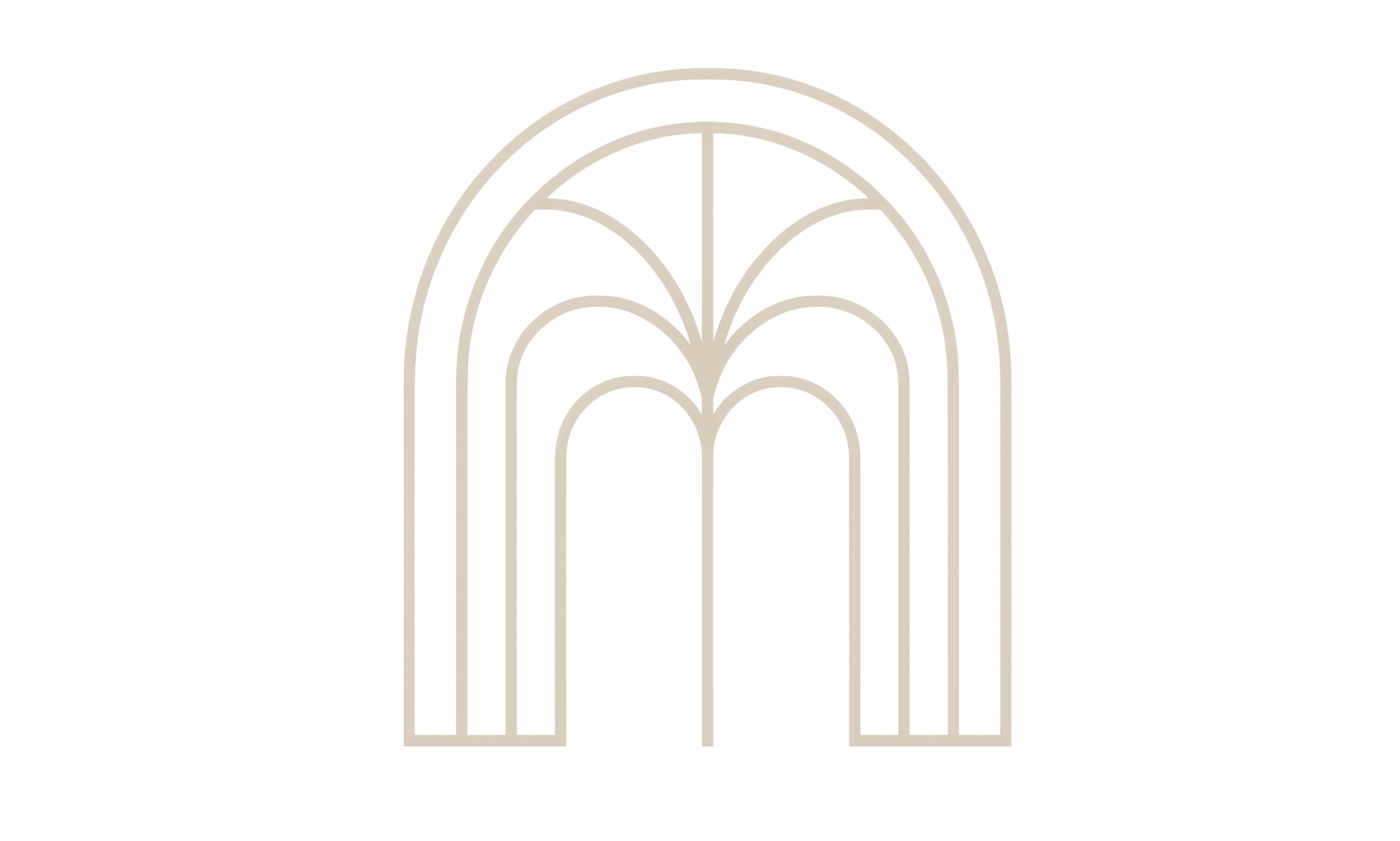 A minimalist line drawing of a decorative Gothic-style arched window or door with intricate design elements.