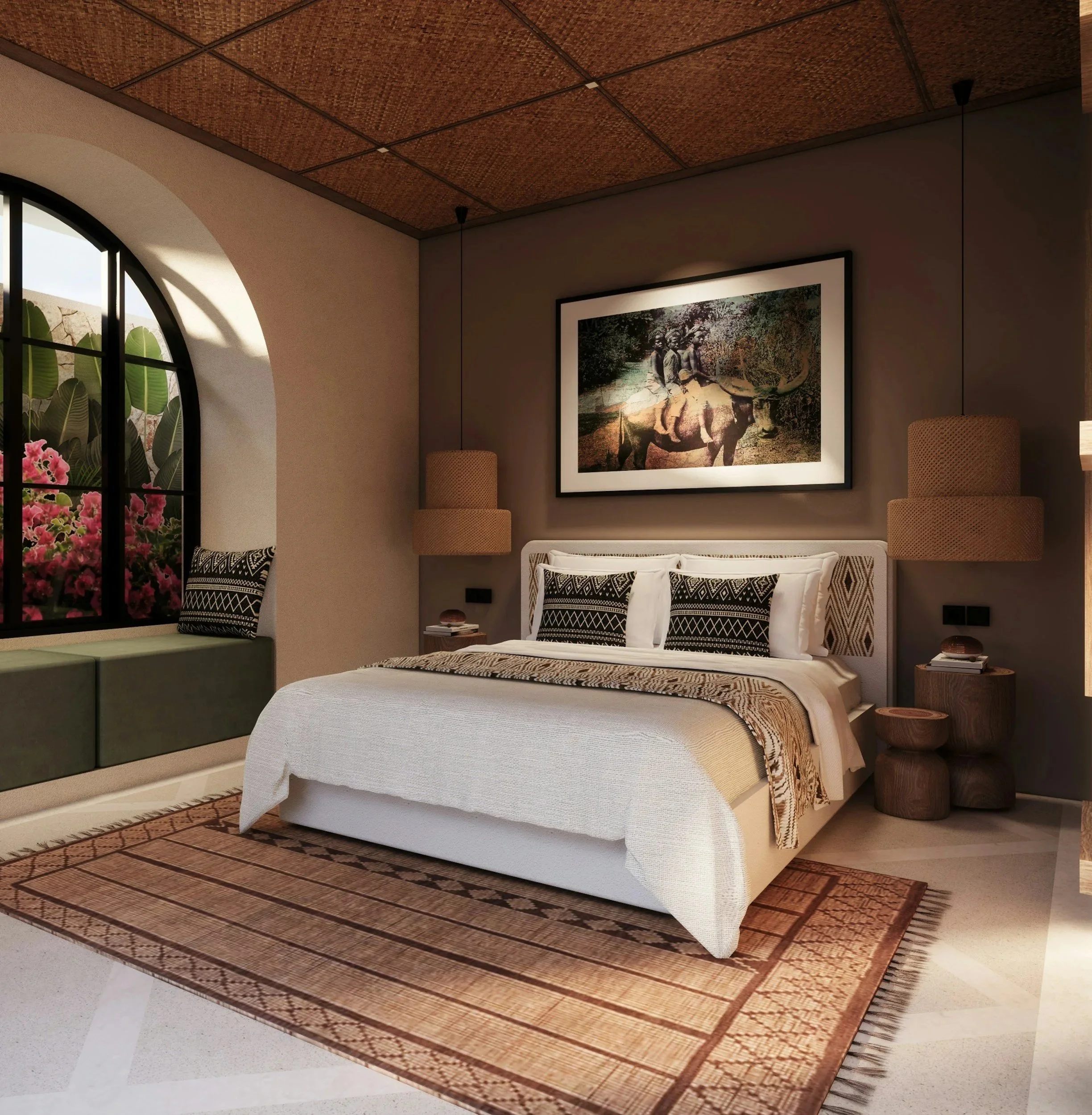 Interior of a bedroom with a bed, framed artwork on the wall, a window with plants outside, and a large woven rug on the floor.