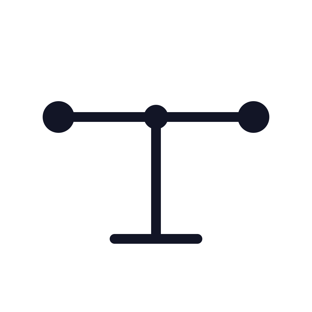 A simple black icon of a balancing scale with a central stand and two horizontal arms, each with a large circle at the end, representing weights.