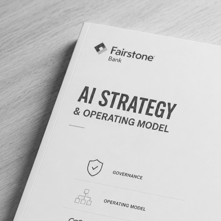 Cover page of a report titled 'AI Strategy & Operating Model' from Fairstone Bank, featuring governance and operating model icons.