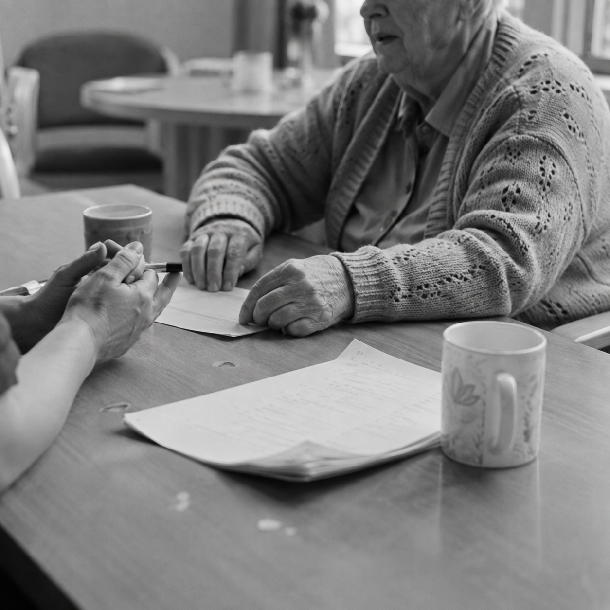Older person with gray hair wearing a knit sweater sitting at a table, receiving a vaccination shot from another person with hands and a syringe, in a setting that appears to be a healthcare facility.