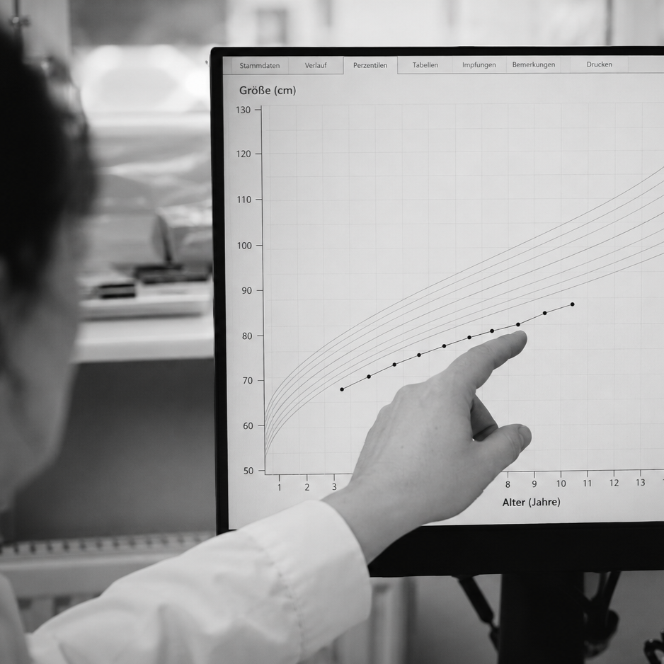 A person in a white shirt points at a medical growth chart graph on a computer screen, showing age in years on the x-axis and height in centimeters on the y-axis.