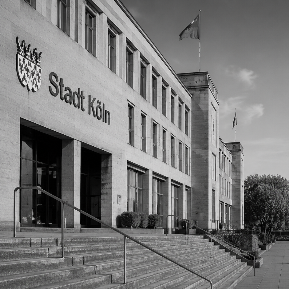 Black and white photo of the Rathaus Köln, a government building in Cologne, Germany, with the city coat of arms and flags flying on top.