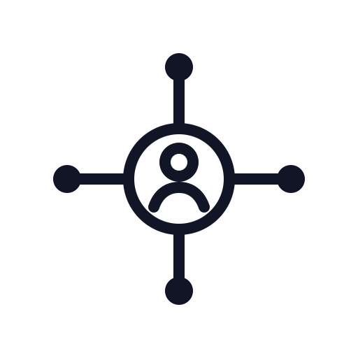 Icon of a person within a circle connected to four outer circles with lines, representing a network or connection.
