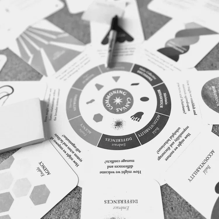 A tabletop game about communication and awareness, featuring a circular game board, cards, and a pen.