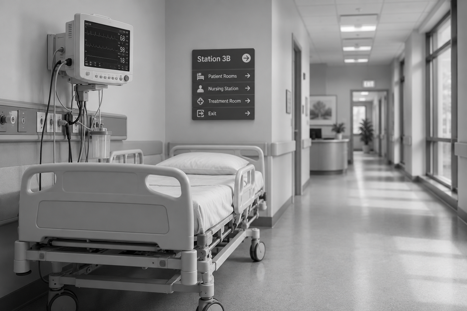 Empty hospital bed in a quiet corridor with medical equipment and a digital monitor, black and white photography.