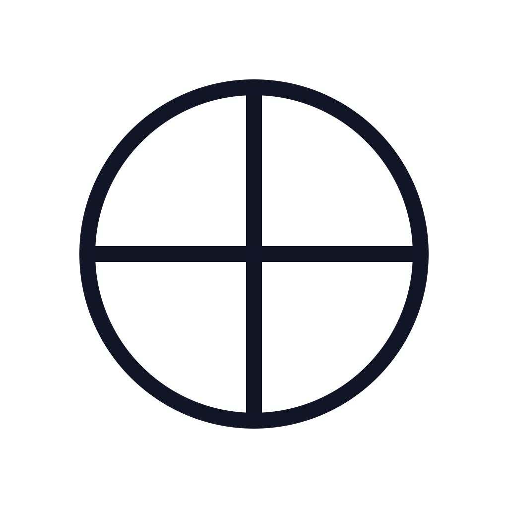 Black circle divided into four quadrants with a cross in the center, resembling a target or crosshair.