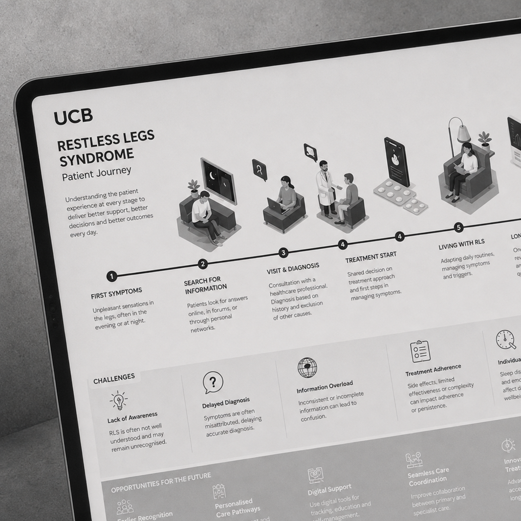 Infographic titled "Restless Legs Syndrome Patient Journey" showing five steps in the patient process with illustrations of people at each stage, from experiencing symptoms to living with the condition, including challenges and future opportunities.