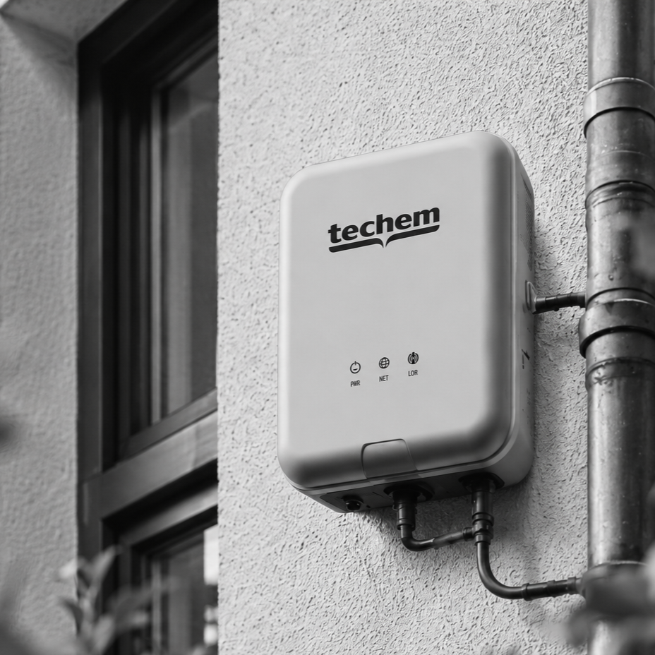 A gray electronic device labeled 'techem' mounted on an exterior wall of a building, with pipes connected to it and a window nearby.