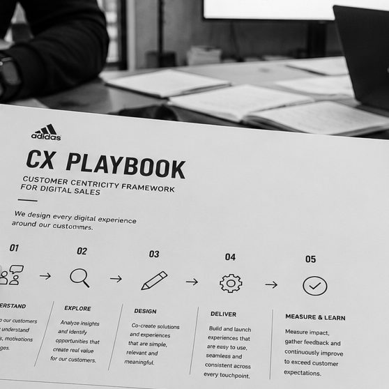 Close-up of a CX Playbook on a desk, with other papers and a laptop in the background, in black and white.