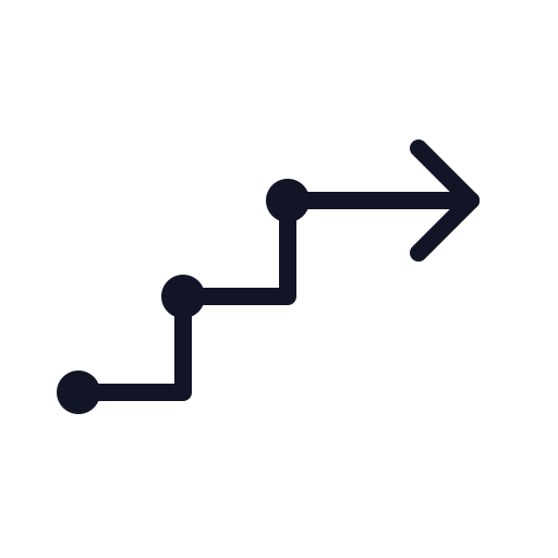A stylized line graph with three connected points and a rightward arrow at the end, representing growth or progress.