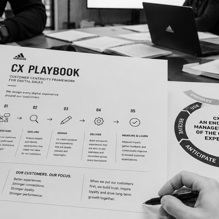 Close-up of a person writing on a CX Playbook document about customer centricity framework, with a laptop in the background on a conference table.