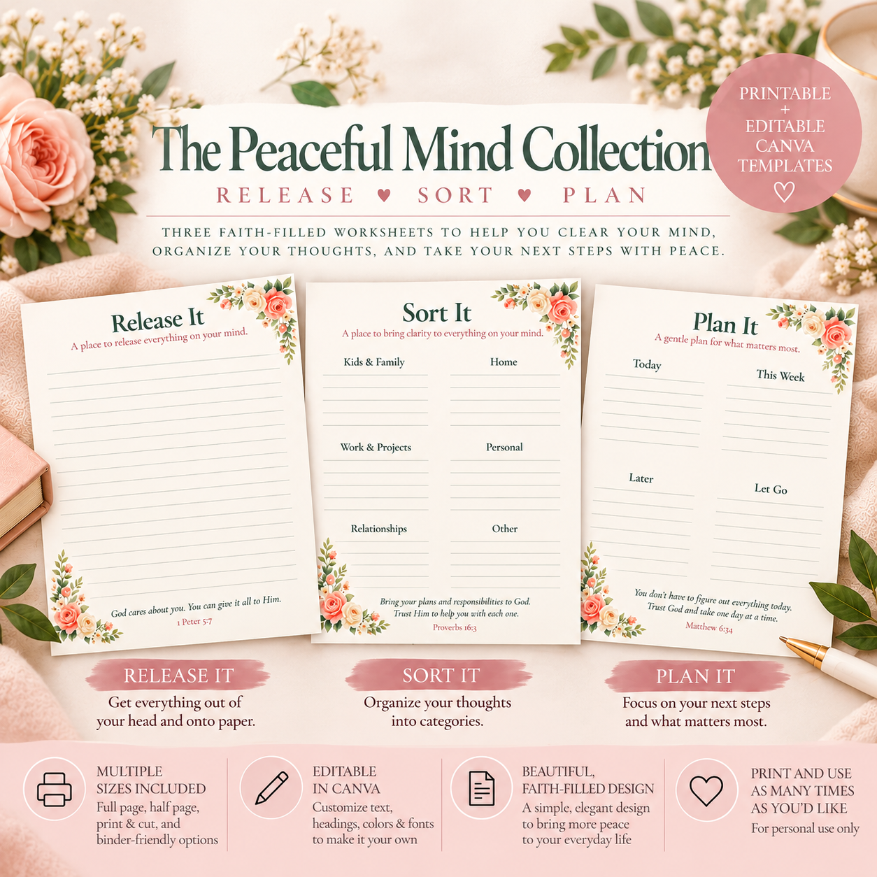 The Peaceful Mind Collection | Printable & Editable Christian Brain Dump Worksheets