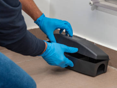 Person wearing blue gloves placing a black device on a brown floor near a white wall.