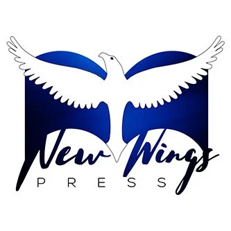 Logo for New Wings Press with a white bird in flight and blue background, symbolizing freedom, inspiration, publishing, and visionary storytelling.