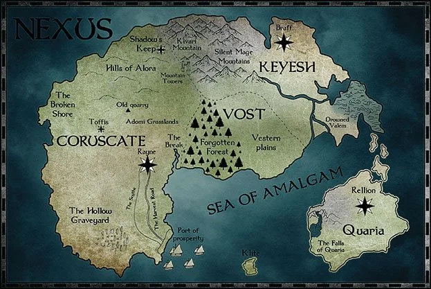Custom fantasy map of Nexus, featuring the regions of Coruscate, Vost, Keyesh, Malgam, and Qavia surrounding the Sea of Amalgam, with forests, mountains, settlements, and coastal landmarks.
