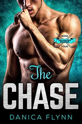 Sports romance book cover for “The Chase” by Danica Flynn, featuring a shirtless muscular hockey player against a textured teal background.