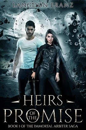 Paranormal fantasy book cover for “Heirs of the Promise” by Langdon Franz, featuring a man and woman beneath a full moon with a mysterious shadowy figure behind them.