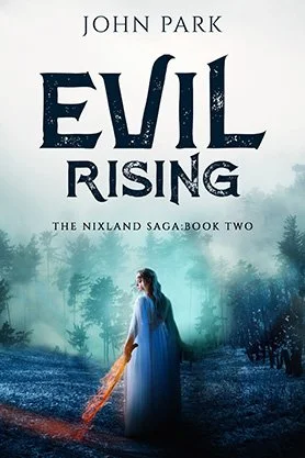 Epic fantasy book cover for “Evil Rising” by John Park, featuring a woman holding a glowing sword in a snowy forest at dawn.