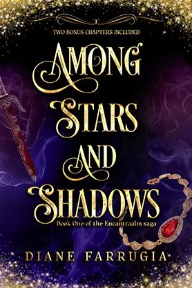 Fantasy romance book cover for “Among Stars and Shadows” by Diane Farrugia, featuring ornate gold typography with a dagger and jeweled necklace on a smoky purple background.