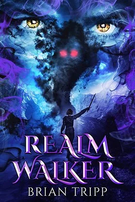 Fantasy book cover for “Realm Walker” by Brian Tripp, featuring a lone magical figure beneath a giant supernatural face formed from storm clouds and blue energy.