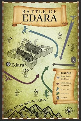 Fantasy battle map of the Battle of Edara, featuring a fortified city, troop movement routes, surrounding mountains, and a legend identifying the opposing forces.