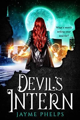 Urban fantasy book cover for “Devil’s Intern” by Jayme Phelps, featuring a red-haired woman facing a glowing moon and city skyline with mysterious silhouetted figures.